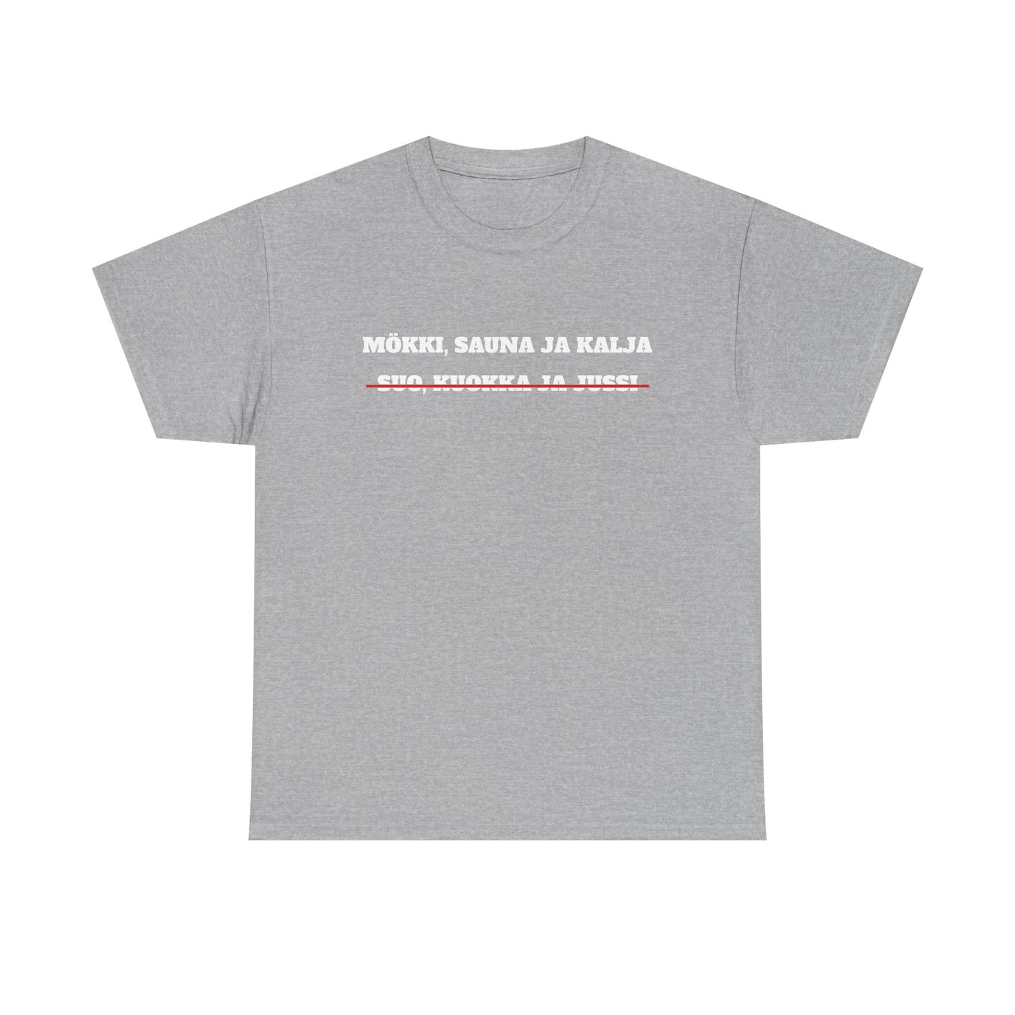Mökki, sauna ja kalja t-paita