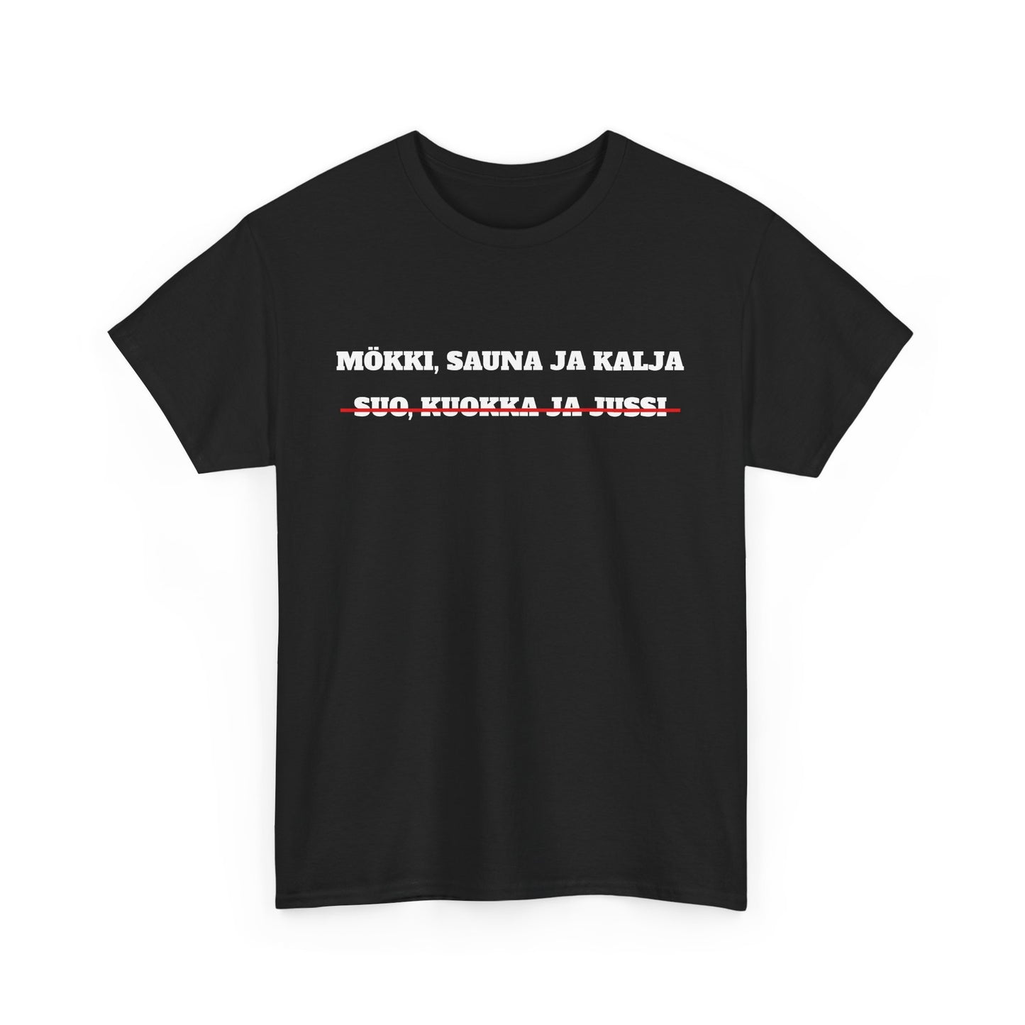 Mökki, sauna ja kalja t-paita