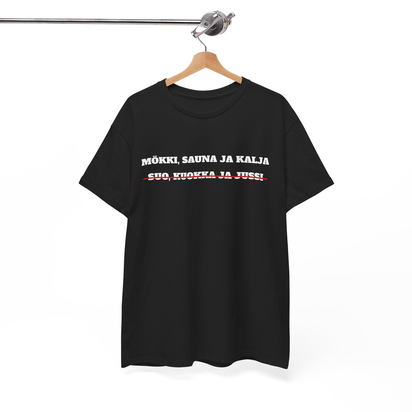 Mökki, sauna ja kalja t-paita