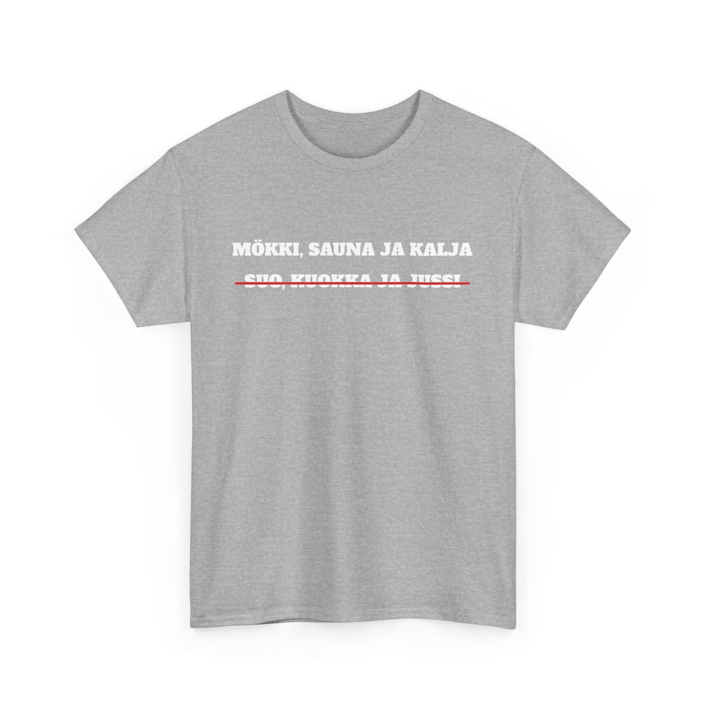 Mökki, sauna ja kalja t-paita