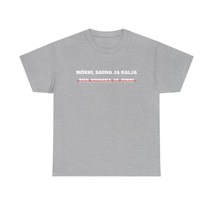 Mökki, sauna ja kalja t-paita