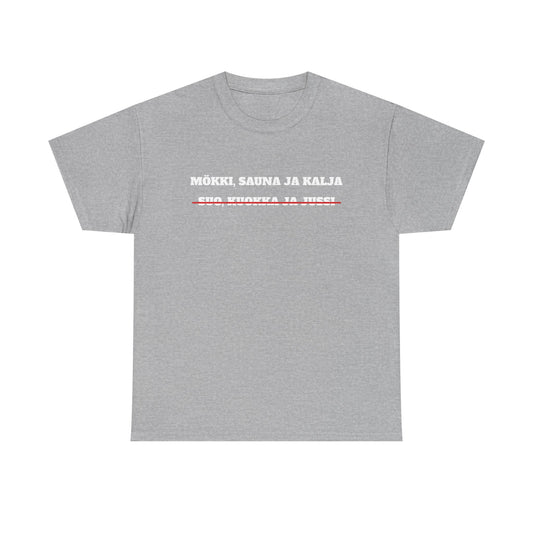 Mökki, sauna ja kalja t-paita