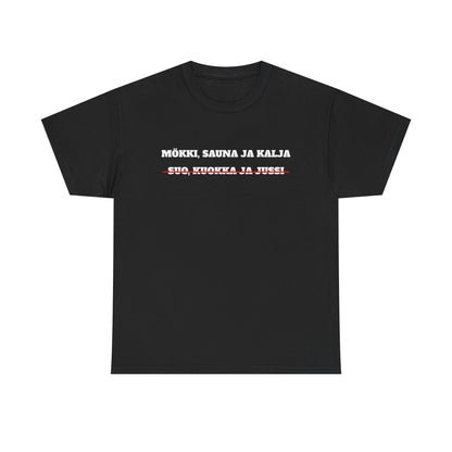 Mökki, sauna ja kalja t-paita