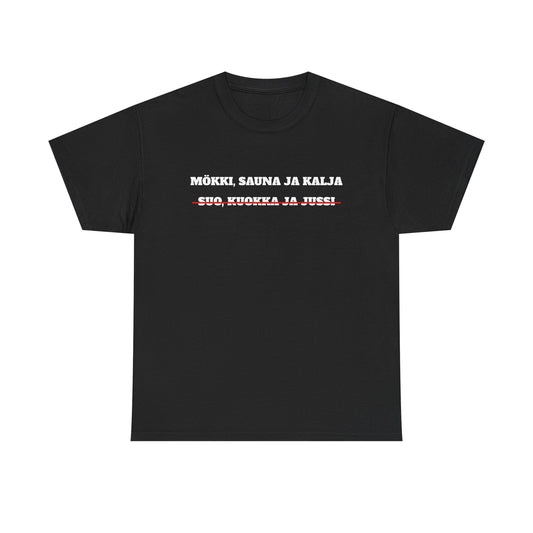 Mökki, sauna ja kalja t-paita