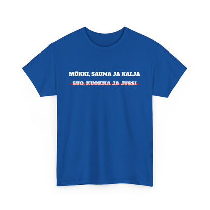 Mökki, sauna ja kalja t-paita