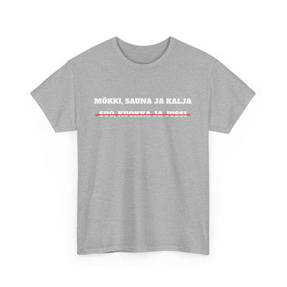 Mökki, sauna ja kalja t-paita